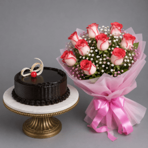 Pink Roses & Chocolate Cake Combo