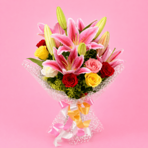 Premium Mixed Roses & Pink Lilies Bouquet