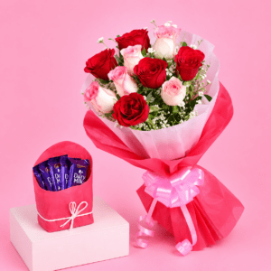 Elegant Pink & Red Roses with Dairy Milk Combo