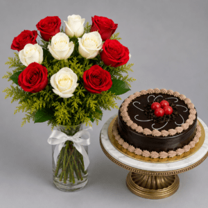 Chocolate Cake with Red And White Roses