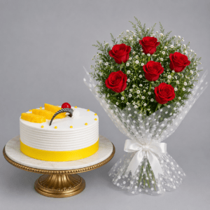 Fine Combo Of Flowers & Cake