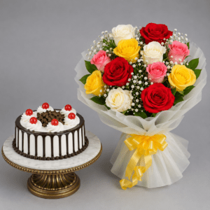 Mix Flowers And Black Forest Cake