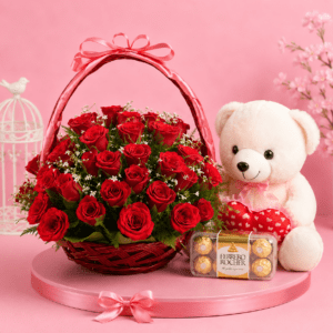 Luxury Red Roses, Teddy & Ferrero Basket