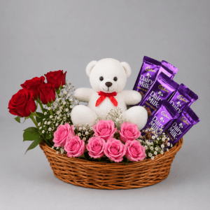 Teddy, Roses & Dairy Milk Basket