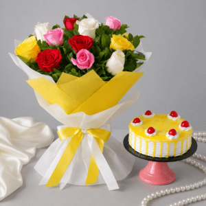 Mixed Roses & Pineapple Cake Combo